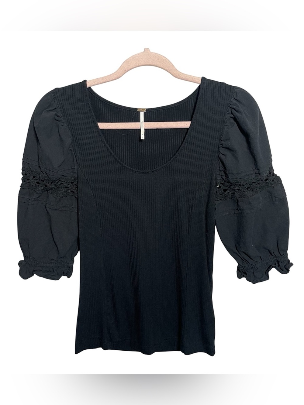 Free People Something Special puff sleeve tee in black boho festival